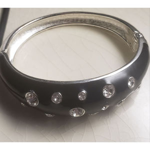 Vintage black rhinestone and silver cuff bangle bracelet